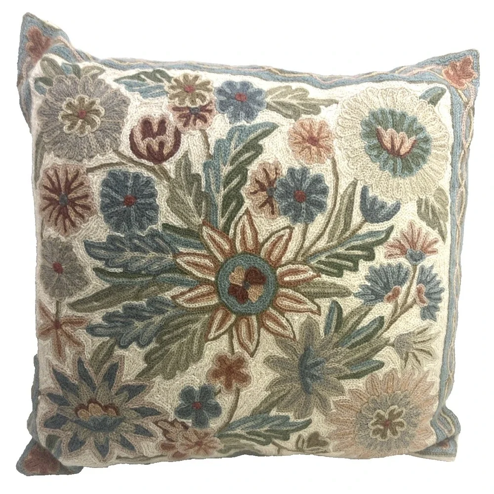 Vintage Floral Designed Crewel‎ Needlepoint Tapestry Stitched Throw Pillow 16